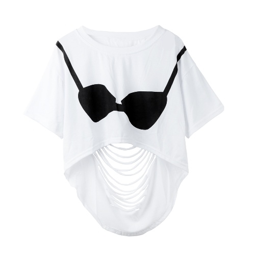 

Sexy Bra Print Short Sleeves Hollow Out Back Asymmetric Hem White Crop Top