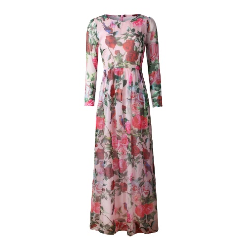

Summer Fashion Rose Bird Print O Neck Long Sleeve Chiffon Maxi Dress