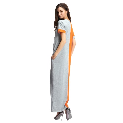 Nuova moda donna vestito contrasto colore tasca O-collo manica corta casuale sciolto lungo Maxi abito arancione