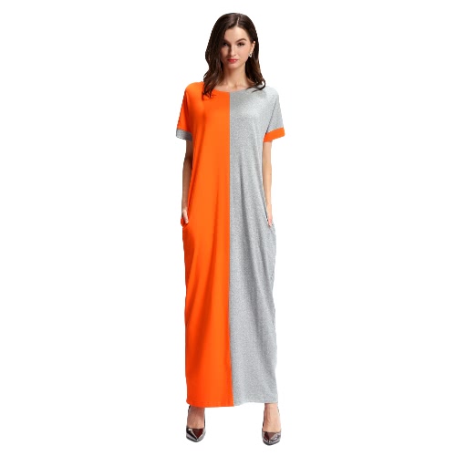 

Fashion Women Contrast Color Pocket O-Neck Long Maxi Dress