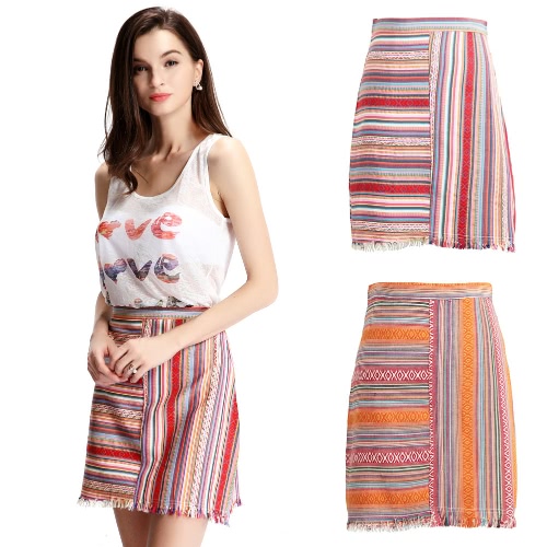 Adatti a donne Minigonna Vintage jacquard a righe nappa posteriore della chiusura lampo a vita alta aderente Ethnic A-Line Skirt rosso / arancio