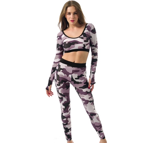 

Женщины с длинным рукавом Crop Top Camo печати Центр Фитнес Спорт тренировки Йога Повседневная Топ черный / розовый