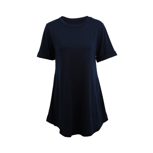 

Casual Solid Round Neck Short Roll Up Sleeve Curve Hem Mini Dress