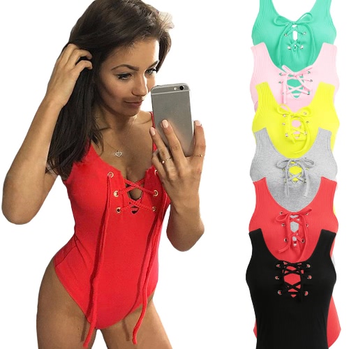 

New Sexy Women Jumpsuit Plunge V-Neck Lace Up Tie Front Sleeveless Stretch Bodysuit Short Rompers