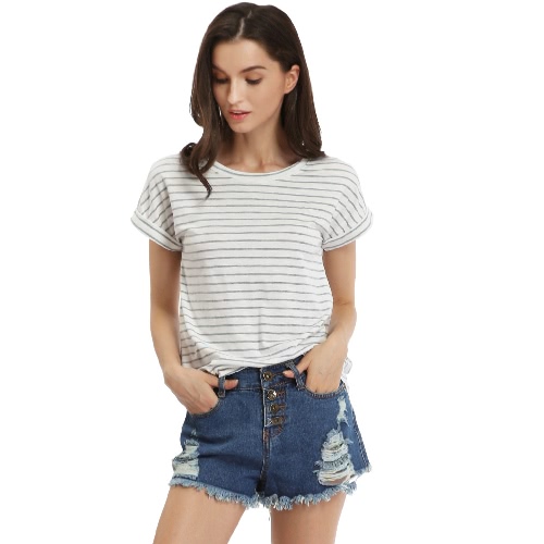 

Women Stripe Tee Casual Printed T-Shirt Loose Tee Top Short Sleeve White