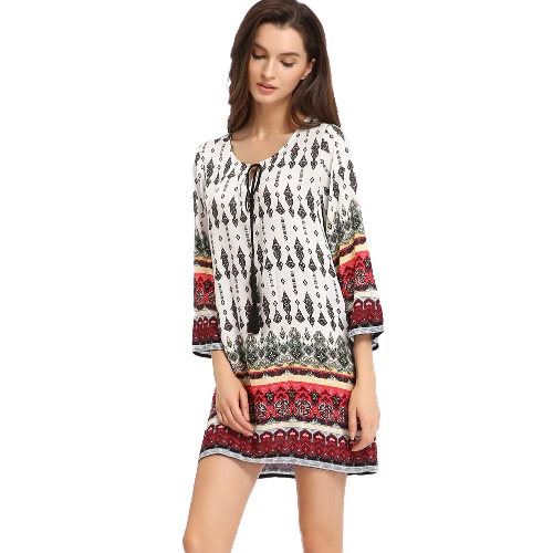 

Мода Женщины Мини платье ретро печать вокруг шеи 3/4 рукава Sundress Summer Beach Сдвиг платье белого