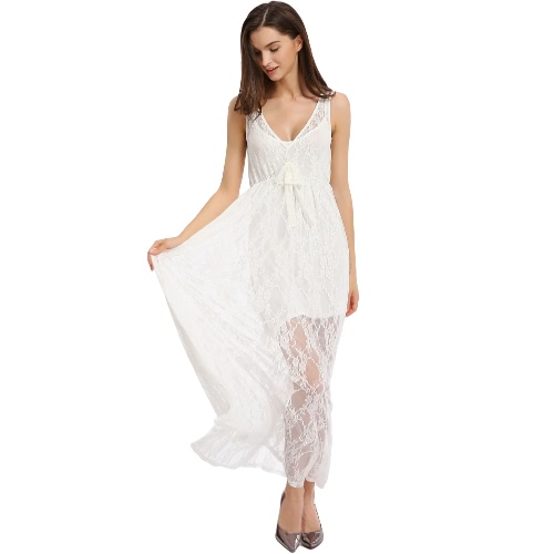 

Fashion Women Lace Hollow Out Long Dress Floral Crochet Plunging V-Neck Sleeveless Maxi Swing Dress White