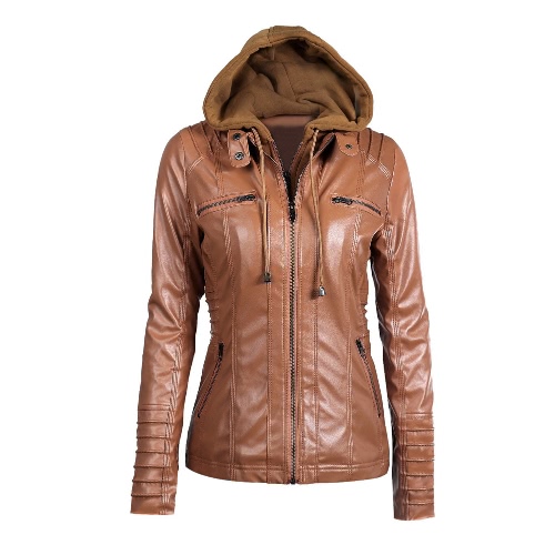 Women's Faux Leather Hooded Jacket Zippered Hoodie Short Slim Motorcycle Jacket Coat