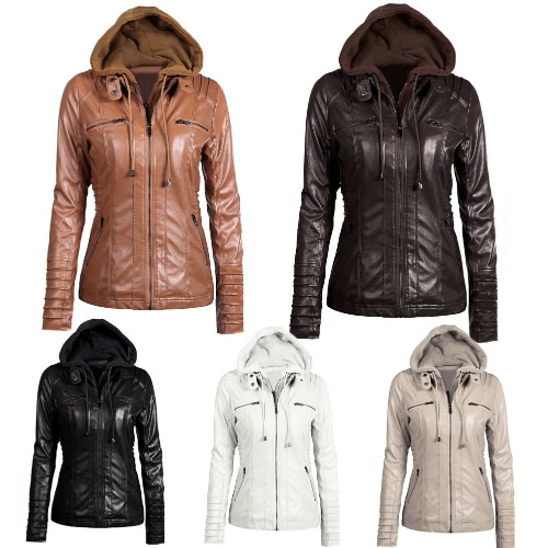 

Women's Faux Leather Hooded Jacket Zippered Hoodie Short Slim Motorcycle Jacket Coat