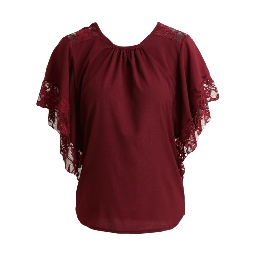 

New Women Chiffon Blouse Solid Lace O-Neck Butterfly Sleeve Pullover Elegant Loose Top Black/Dark Blue/ Burgundy