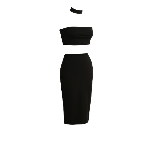 

New Women Two-Piece Set Off Shoulder Back Zipper Closure Halterneck Crop Top Midi Skirt Set White/Black/Dark Green
