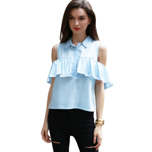 

Новая мода женщины Cold Shoulder Блуза рябить Overlay Кнопка отложной воротник рубашки синий