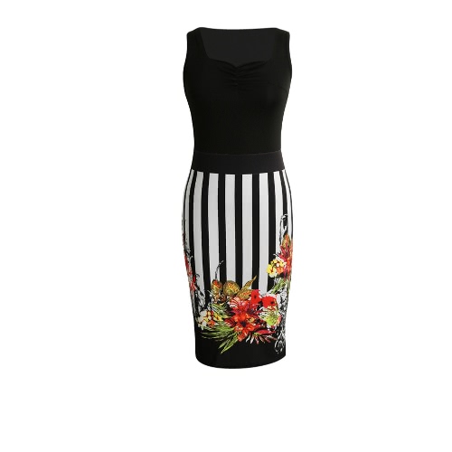 

Floral Print Striped Zipper Ruched Dress