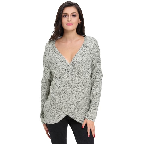 New Fashion Women Sweater Cross-Front Batwing Sleeve V-Neck Knitted Top Grey