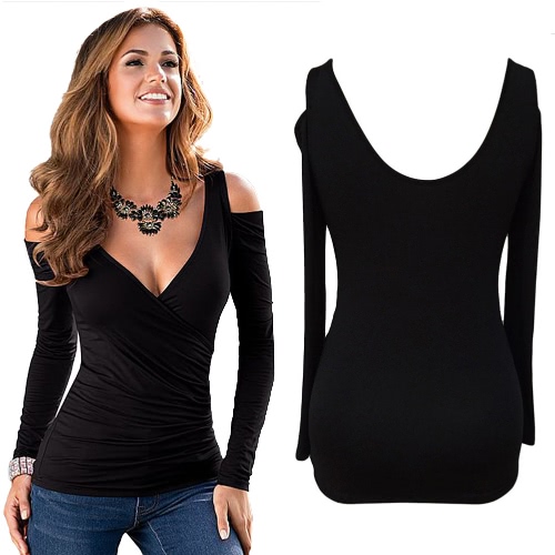 

New Sexy Women Blouse Cross Ruched Front Cut Out Cold Shoulder Backless V Neck Casual Tops Tee