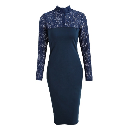 Sexy Women Bodycon Midi Dress Floral Lace High Neck Long Sleeve Back Zipper Night Club Party Dress