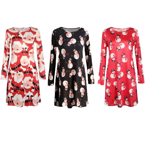 

New Women Christmas Dress Santa Snowman Print O-Neck Long Sleeve A-Line Holiday Party Dress