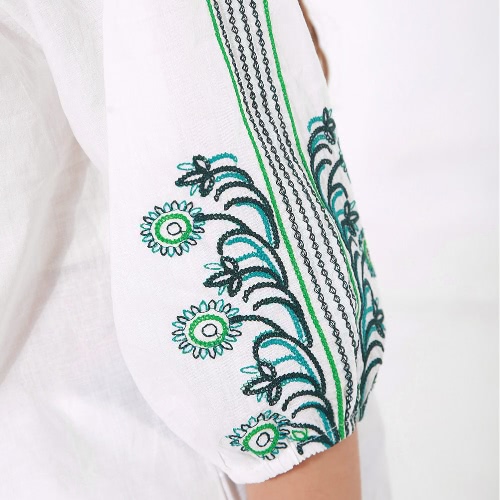 

New Women Vintage Blouse Self-Tie O-Neck Ruched Embroidery Three-Quarter Sleeves Loose Fit White