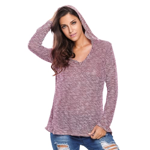 New Fashion Women Knitted Top Hooded V Neck Long Sleeve Casual Loose T-Shirt Pullover