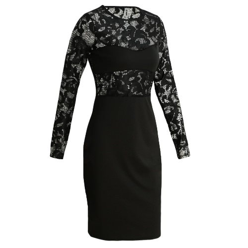 Sexy Women Midi Dress Bodycon Sheer Lace O-Neck Long Sleeves Elegant Party Dress Black/White