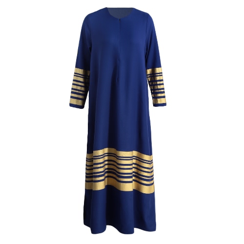 Le nuove donne maxi vestito dai musulmani strisce Zipper maniche lunghe Abaya caftano islamica Robe lungo Vestito arancione / nero / blu scuro