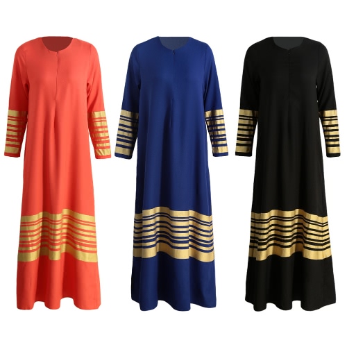 Le nuove donne maxi vestito dai musulmani strisce Zipper maniche lunghe Abaya caftano islamica Robe lungo Vestito arancione / nero / blu scuro