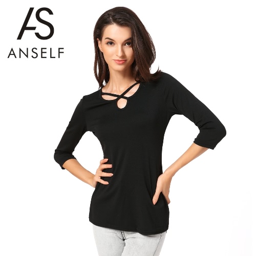 New Fashion Women T-shirt Solid Cross Strap Cut Out Three Quarter Sleeve Slim Casual Tops Black