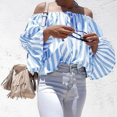 

Sexy Striped с плеча с длинными рукавами Slash Neck Женская блузка