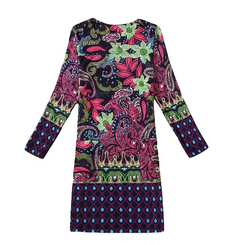 Fashion Flower nuove signore Dress Stampa girocollo maniche lunghe vestito casuale Autunno Primavera