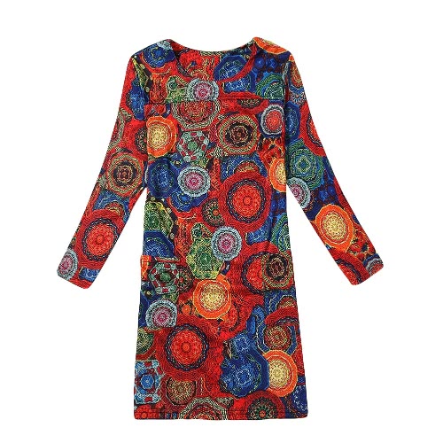 New Ladies Fashion Flower Robe imprimé col rond manches longues Casual robe Automne Printemps