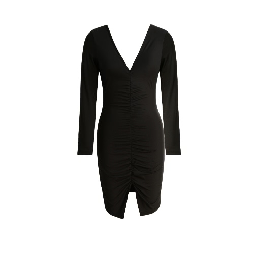 

New Women Sexy Dress Ruched Split Hem Deep V Neck Long Sleeves Sheath Bodycon Club Party Dress