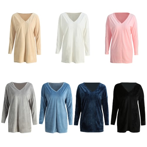 

New Women Solid Velvet Blouse V-Neck Long Sleeves Pullover Casual Loose Elegant Top Tee Shirt