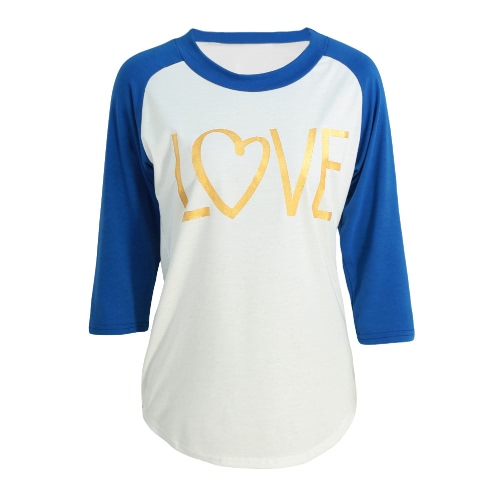 Fashion Women T-Shirt Round Neck 3/4 Sleeve Splice Color Sexy Slim Casual T-Shirt Tops Pink/Blue