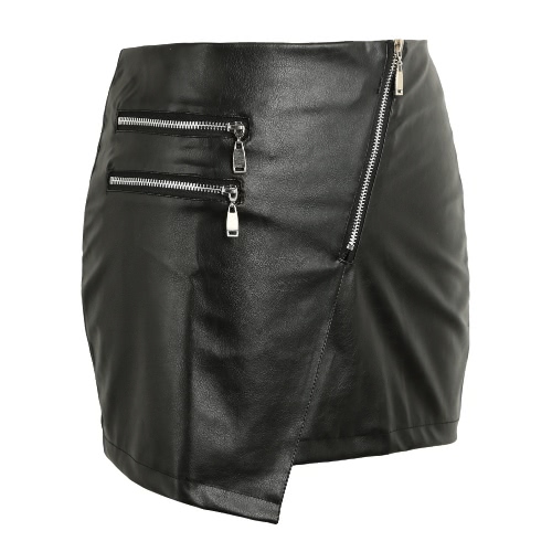 New Sexy Women PU Leather Skirt Front Zipper Split Solid Color Bodycon Short Mini Skirt Tight Skirt Black