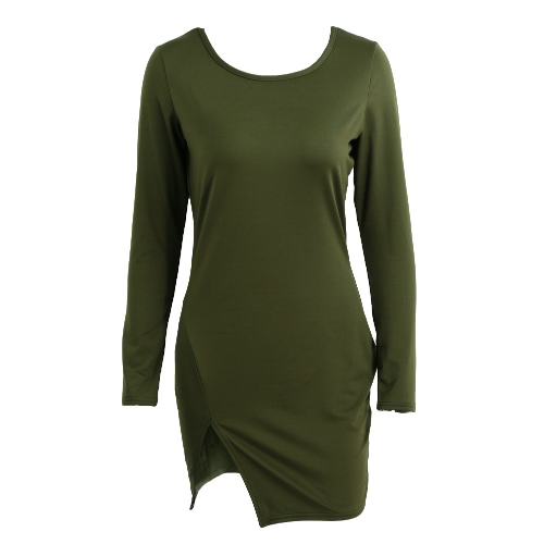 New Sexy Women Bodycon Dress Solid Color Split Long Sleeve O Neck Warm Slim Mini Dress