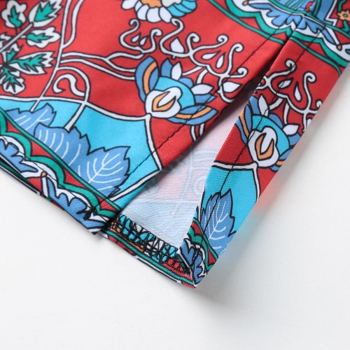 Le nuove donne Vestito dall'annata Boho della stampa floreale legame del collo del manicotto mezzo Etnia Maiusc allentato Mini Abito Red