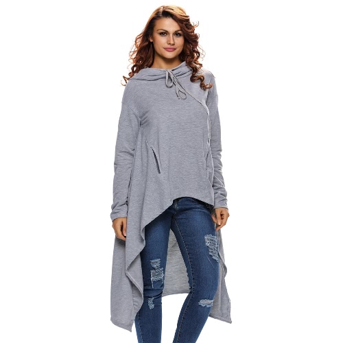 

Новая мода Женщины Hoodie Твердые Drawstring Нерегулярное Завышение с длинным рукавом Повседневная Толстовка Серый