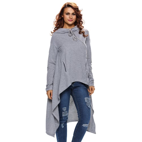 New Fashion Women Hoodie Solid Drawstring Irregular Oversize Long Sleeve Casual Sweatshirt Grey