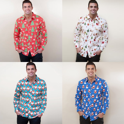 

New Autumn Men Christmas Print Shirt Holiday Cartoon Long Sleeve Dress Shirt Casual Men Top