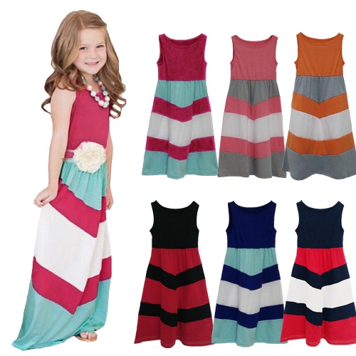 

New Family Girls Daughter Striped Long Dress Sleeveless Color Block Bohemian Casual Beach Dress Sundress