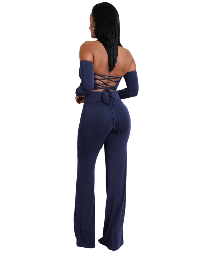 

Off Shoulder Sexy Women Two Pieces Backless Bandages Lace Up Slim Crop Top Pants Trousers Club Ladies Suits