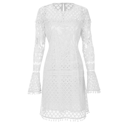 

Women Elegant Sheer Lace Pom Trims O Neck Long Sleeve Lined Party Mini Dress