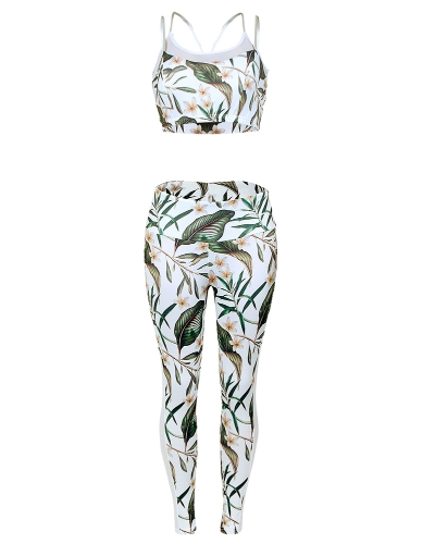 

Модный женский тренажерный зал Фитнес Top Leggings Костюм Цветочный лист Печать сетки Запуск спортивной тренировки йоги тренировки Зеленый