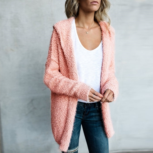 

Fashion Women Fleece Hooded Cardigan Open Front Long Sleeve Solid Warm Hoodie Outerwear Loose Sweater Coat