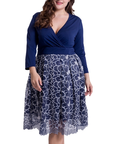 

Sexy Women Plus Size Lace Dress Deep V Neck 3/4 Sleeves Side Zipper Floral Party Casual Oversize Dress