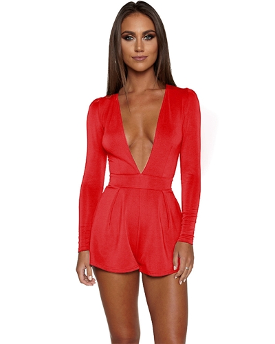 

Jumpsuit Solid Color Plunge V Neck Long Sleeve Casual Slim Short Playsuit Rompers