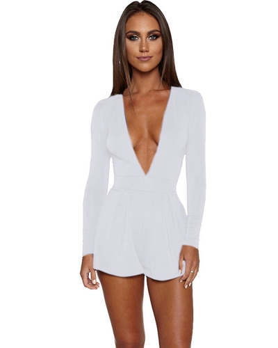 

Jumpsuit Solid Color Plunge V Neck Long Sleeve Casual Slim Short Playsuit Rompers