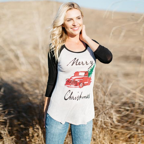 

Women T-Shirt Merry Christmas Letter Print Contrast Color Three Quarter Sleeve Casual Blouse