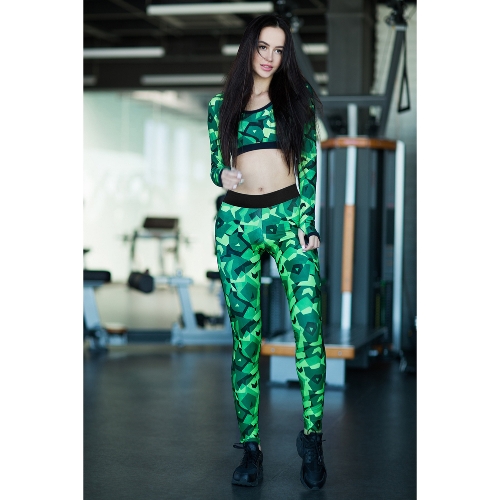 

Женщины камуфляж 2 шт. Camo спортивный комплект Обрезанные танк топ с длинными рукавами Фитнес-костюм тренировки Йога спортивная о
