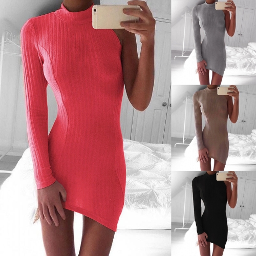 

Sexy Women Pencil Dress Solid Ribbed One Sleeve Asymmetric Turtle Neck Bandage Bodycon Mini Clubwear